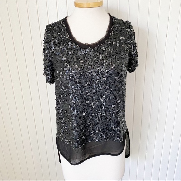 NWT Alberto Makali Black Sequin Sheer Short Sleeve Shirt Top Size Medium - Picture 9 of 13